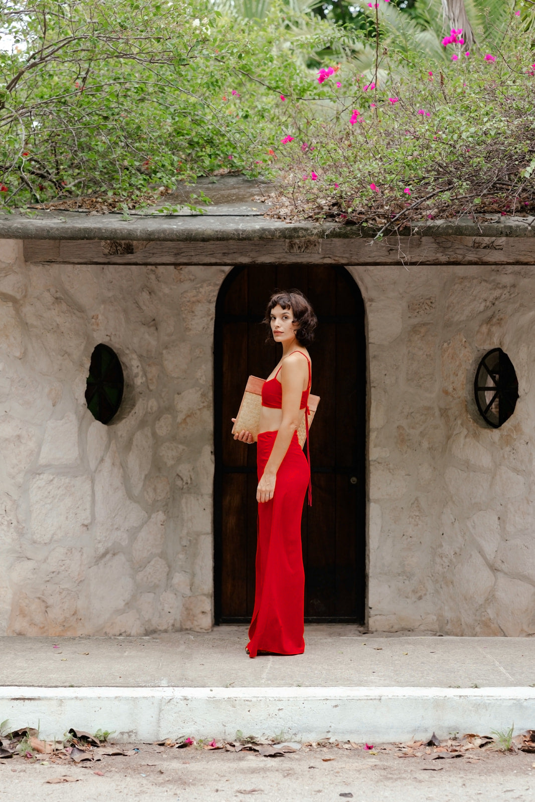 RIBBON LONG SKIRT Red linen