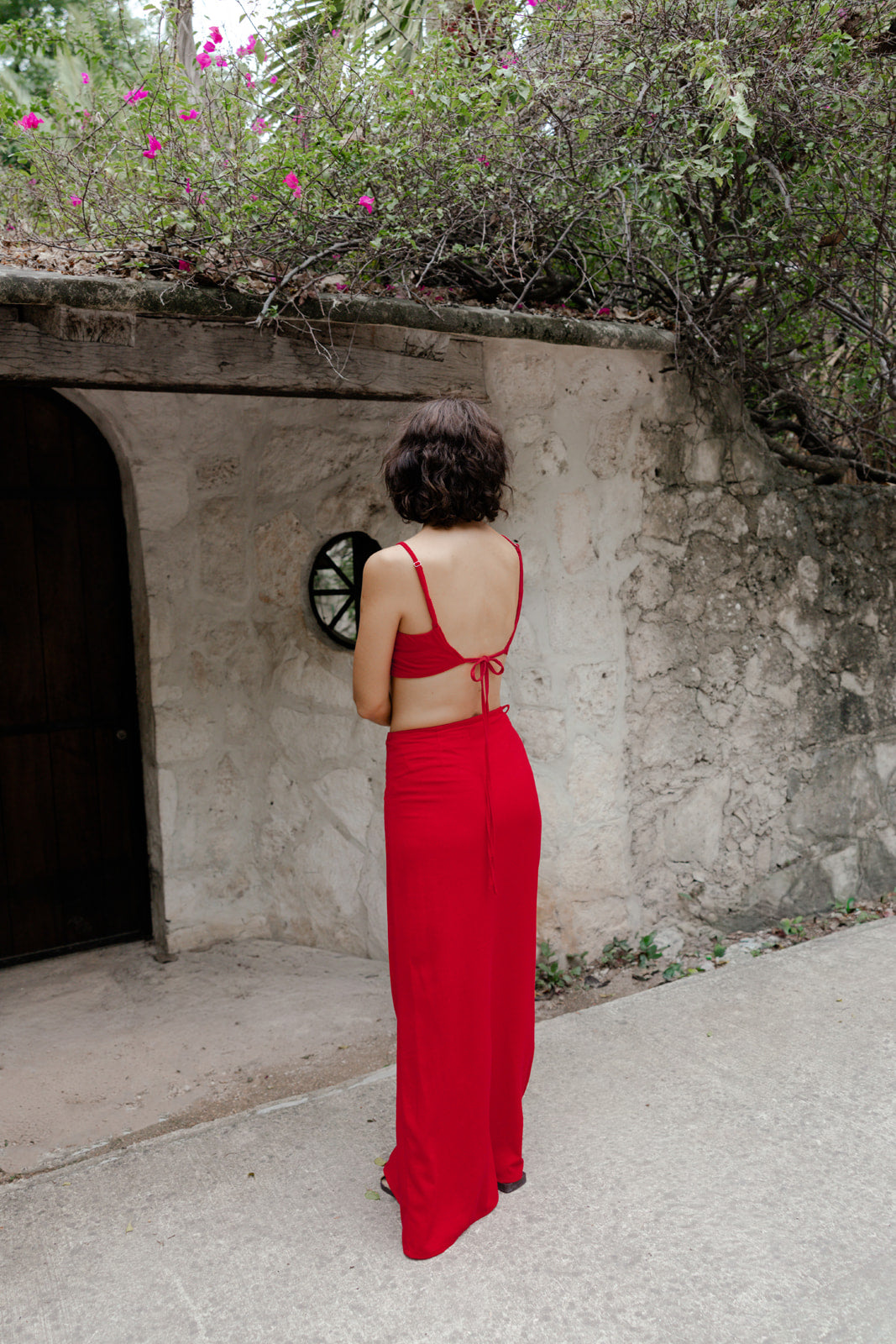 RIBBON LONG SKIRT Red linen