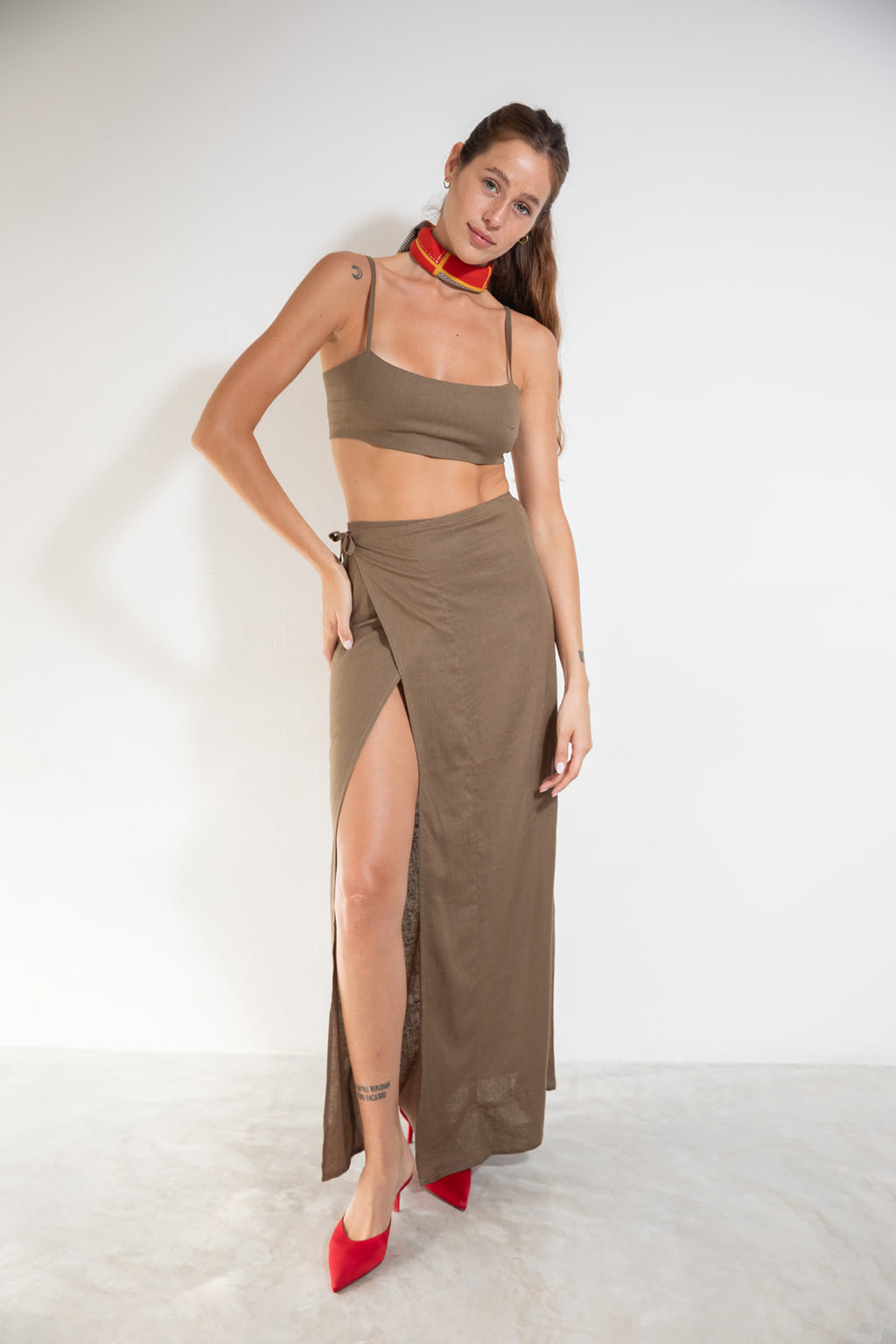 RIBBON LONG SKIRT Tobacco linen