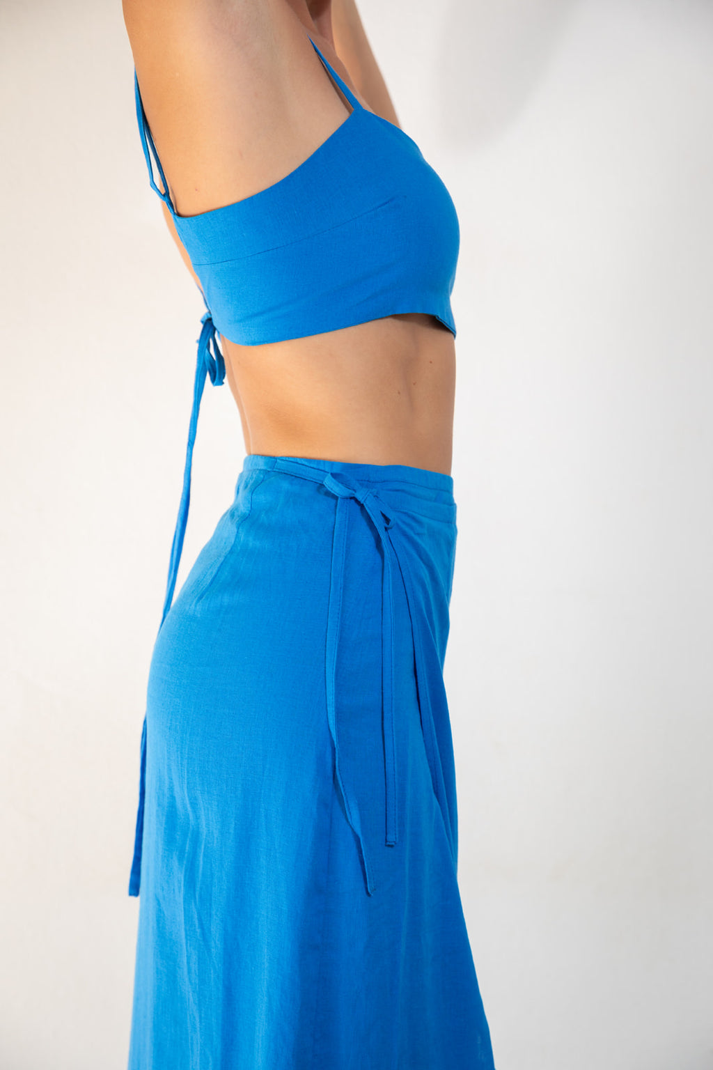 RIBBON LONG SKIRT Electric blue linen